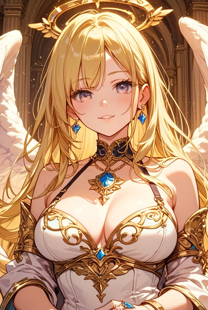 (Amazing masterpiece), (Maximize highest quality: 1.5), (Maximize most beautiful digital illustrations: 1.5), ((Most realistic: 1.5)), ((Smooth, soft, crisp and most realistic skin and hair textures)), Most beautiful detailed eyes:1.5, ((Maximum resolution)), ((UHD, 16K, 1080p)), ((10 million ppi, 300 million dpi images)), (Amazing dynamics:1.5), Beautiful backgrounds with depth of field, Most beautiful natural light, Rule of thirds, ((Maximize every effect and present it in the ultimate quality)), 1woman, sexy, 25years old, beautiful face sharp, elegant mature woman, Ultimate perfect body style, beautiful beautiful big breasts, Maximize upturned breasts, green eyes, shiny blonde hair, (eyes visible through hair:1.3), glossy very thick lips, pink lipstick, smile:1.5, an angel with an intricate and detailed attire, gracefully soaring through the cosmos, dynamic and full of life, wearing a one-shoulder dress with a flowing skirt, adorned with a shimmering necklace, elegant earrings, and a delicate bracelet, wings majestically spread wide, a radiant halo above, set against the backdrop of the vast and endless sky,