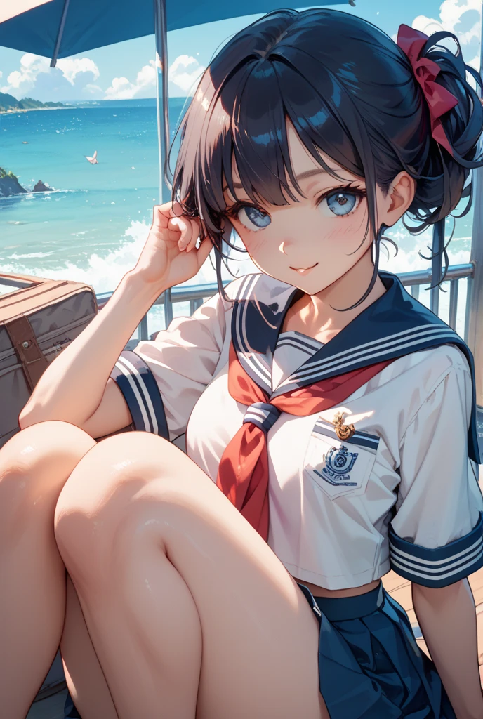 (highest quality), Super detailed), (Ultra High Resolution 8K), High-definition facial beauty, ((Skirt Lift)), A plain girl with glasses, (Big Breasts), (Looking up, averted gaze;1.2), Detailed sailor suit, Showing panties , (Blushing, Embarrassing), Very hot day, Shade, ((, Sit down)), Makoto Shinkai Cyril Rolando
