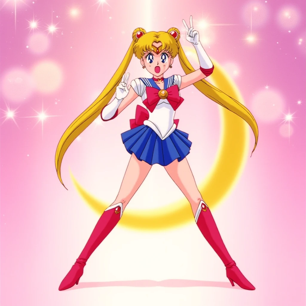 STICKER (Sailor Moon), cosplay, face view, ass view, high heeled boots, show boots, ultra detailed, masterpiece, best quality, sticker with borders, tan skin, ponytail,(sailor moon costume), blue eyes, blonde hair, long hair, smile, nsfw, big breasts, thigh highs, panties, wide hips, short, solo, full cleavage, full body portrait, model pose, show all, wide angle view, multiple, see thru nipple