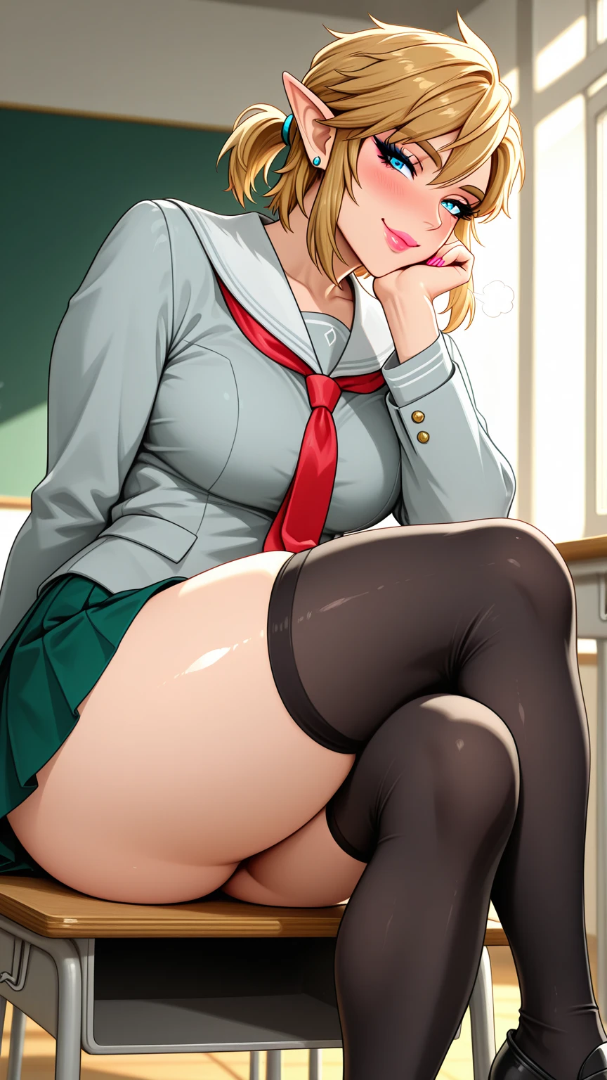 ,bra lift,Highest quality,Beautiful, detailed eyes,(Beautiful deformed teeth),(A seductive smile),Girl spreads her legs on a school desk and shows cum pussy,She is wearing loose socks,She is wearing loafers,School classroom,(Erect nipples),Laughing with your mouth open,Erotic tongue,Looking up at me,Fluffy cardigan