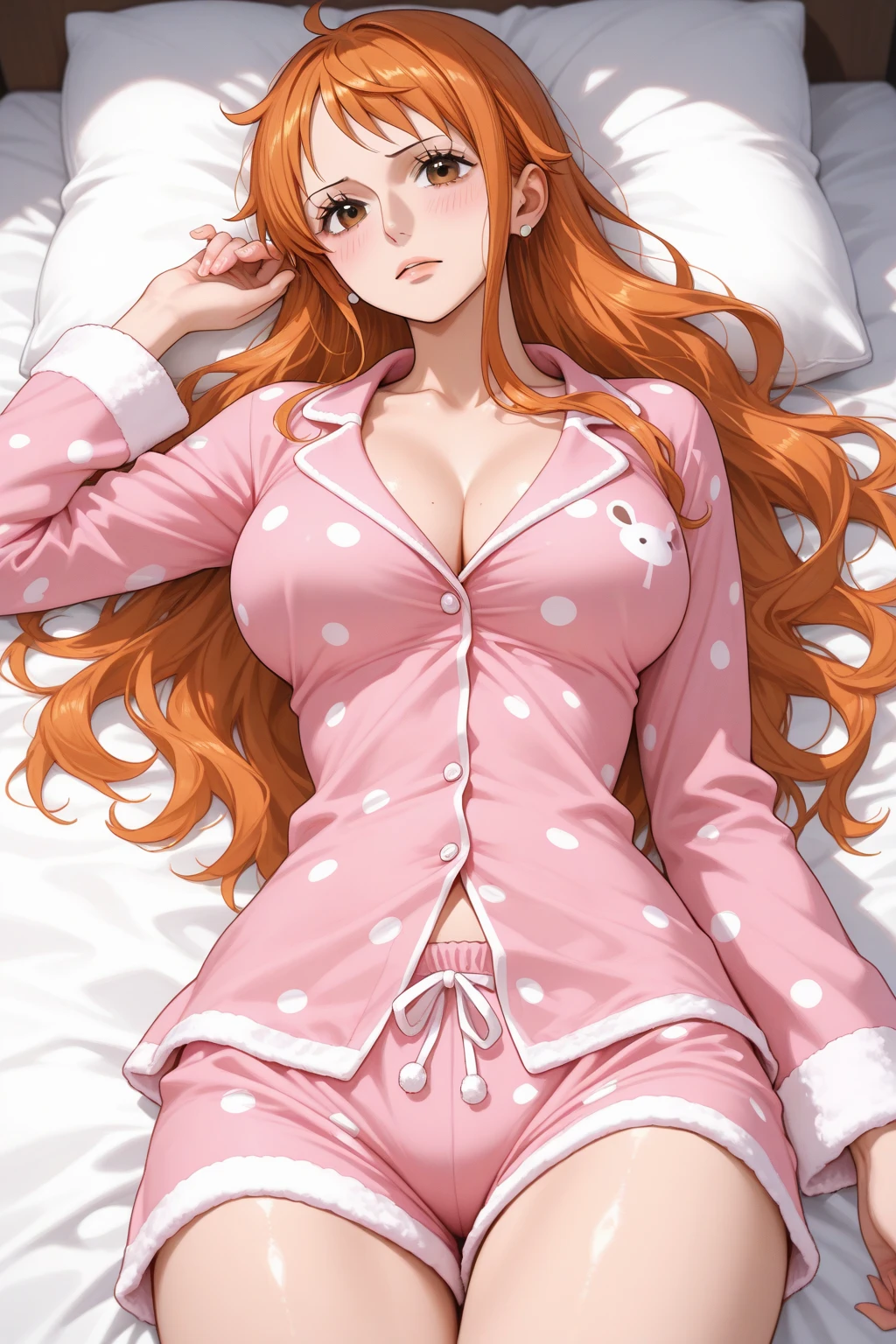 (masterpiece, best quality, ultra-detailed, 8k wallpaper, photorealistic), 1 girl, curvaceous but slender body, there is a woman sitting on a bed wearing a purple floral pajamas, red hair and attractive features, style of Anna Nikonova aka Newmilky