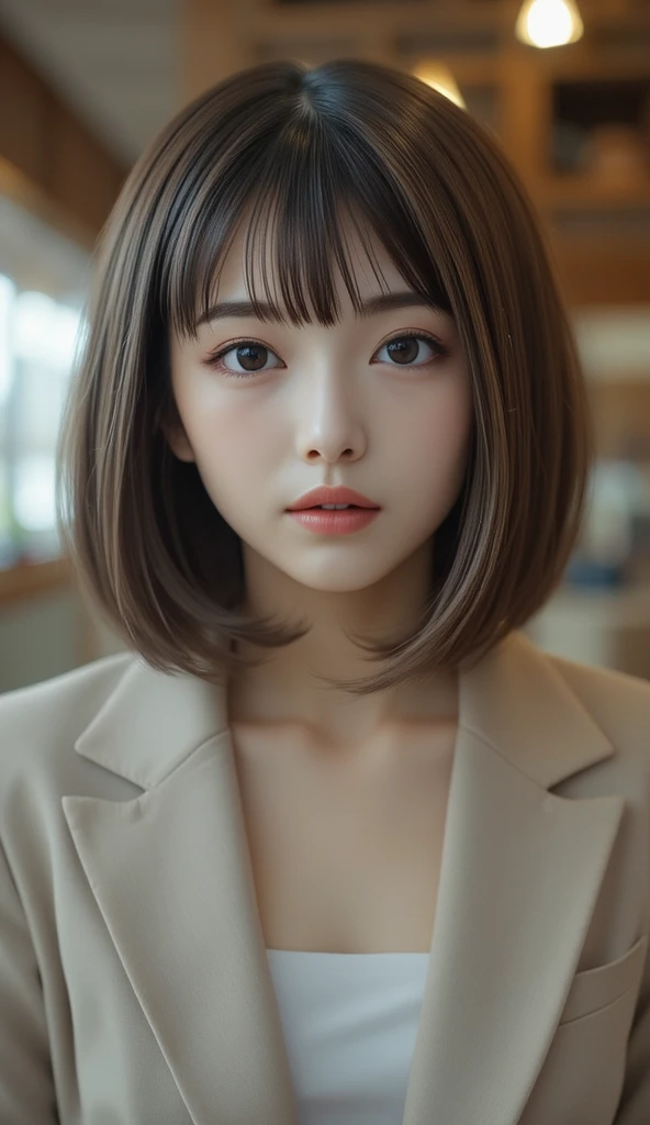 (Uhd, retina, masterpiece, Accurate, anatomically correct, rough skin, Super detailed, advanced details, high quality, 最high quality, High resolution, 1080p, hd, 4k, 8K, 16k), (detailed and beautiful eyes, beautiful detailed lips, highly detailed eyes and face), studio lighting, Physically based rendering, Bright colors, (big breasts, glamorous body), (beige trench coat, turtleneck sweater), (portrait, bob cut, shiny hair, shiny skin, blush), (cafe and bookstore, Bokeh), eye reflection,