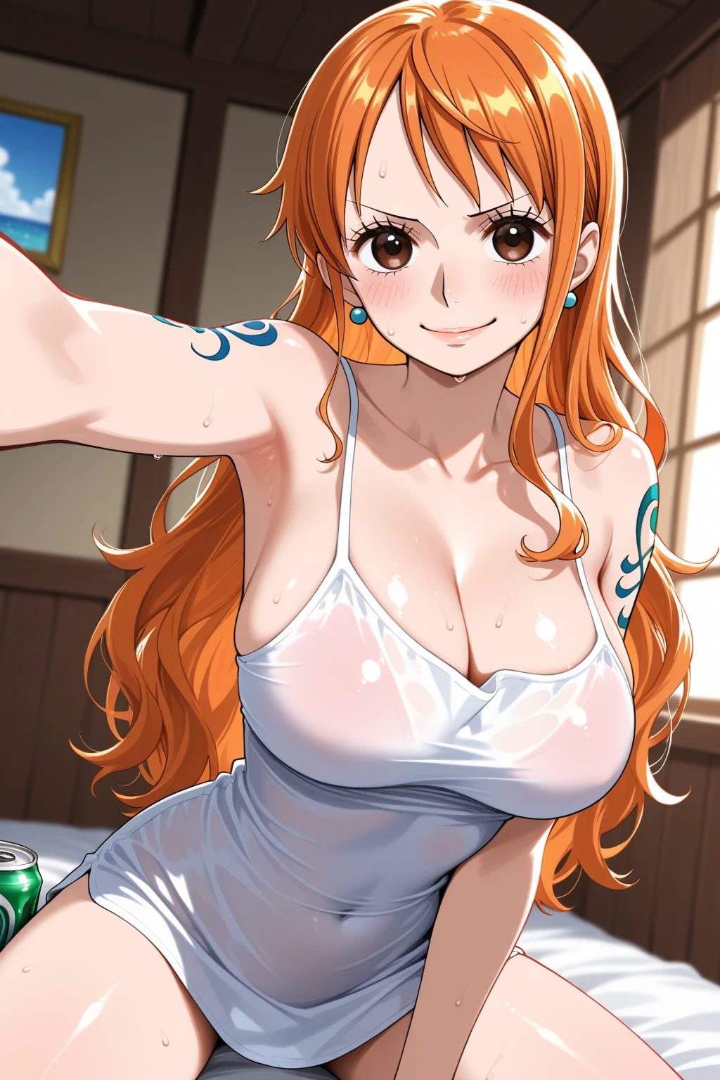 masterpiece, best quality, ultra-detailed, 1girl (namiop, Big and pretty breasts, orange hair, long hair, brown eyes, half-closed eyes), evil face, smirk, parted lips, looking at viewer, solo, bikini top, denim shorts, wanostyle, in the ship, wall, kabedon pov, kabedon against wall, standing, top view