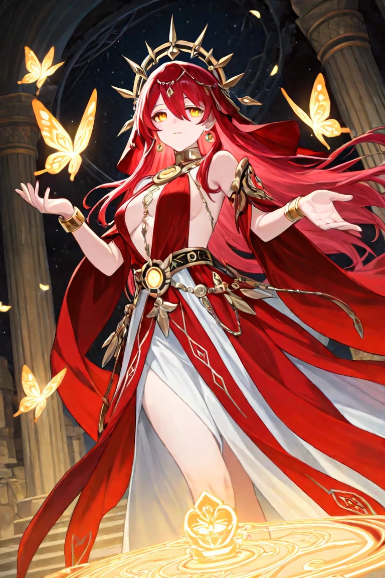 ((best quality)), ((masterpiece)), (detailed), 1girl, white and red robes, gold details, red gloves, gold scepter, red hair, flat chest, fully clothed