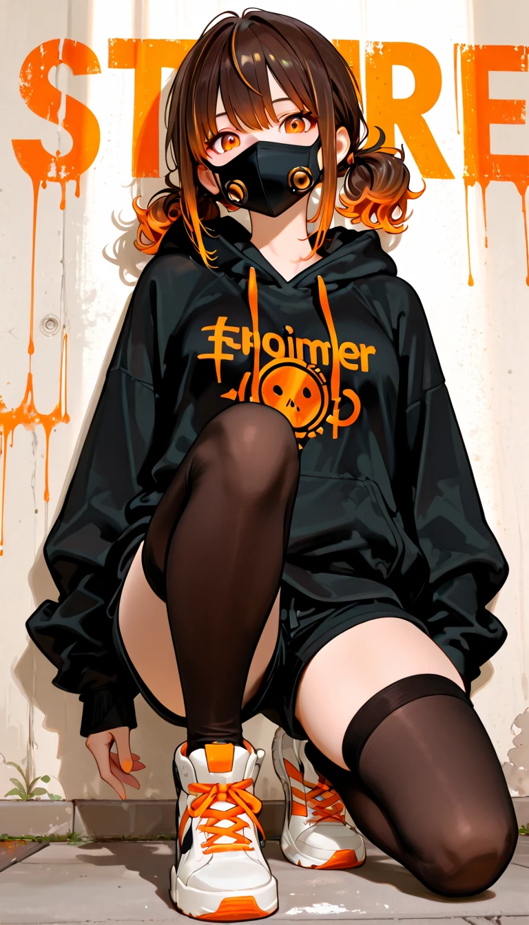 1girl, orange short hair, orange eyes, wearing hoodie, shorts, city, absurdres, high res, ultrasharp, 8K, masterpiece, looking at viewer, succubus, horns, tail, succubus tail, sexy