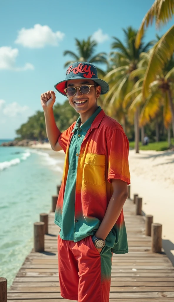 A 30 year old Indonesian man with a clean face, is walking on the beach, wearing shorts and a beach shirt with a smiling face with cut hair dreadlocks hair With the background of beach waves and many people coming to the beach.