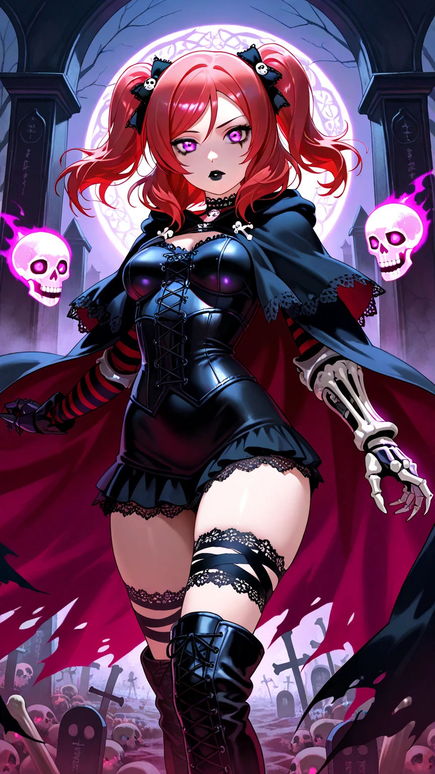 (1girl, she_spawn), (extremely detailed CG unit 8k wallpaper),(master part), (best quality), (ultra detail), (best illustration),(wanostyle), cowboy shot, (Sharp eyeliner, ombre, detail eyes), dark dungeon interiors background, ,break , (vamptech), green eyes,no pupils, cape, thigh boots, multicolored clothes, gloves, bodysuit, chain, domino mask, spikes, black cape, red hair, shoulder armor, open jacket,skull,