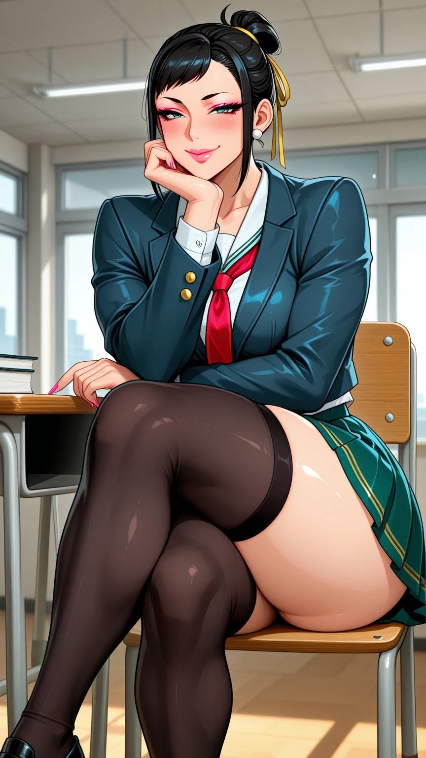 (masterpiece, realistic:1.3), (extremely intricate:1.2), (photorealistic:1.4), (extremely delicate), (ultra realistic:1.3), (medium shot:1.2, from below, (long angle shot:1.2)), (modelshoot style), hyperrealistic photography, extremely detailed CG unity 8k wallpaper, UHD, HDR, RAW photo, dslr, hyperrealistic 3d render, realistic LUT, cinematic LUT,
<lora:ostris_HDhelper_v10:0.1>, <lora:ostris_detailSlider_v40:2>, (DOF, blurry background), (lens flare, heresy flare:1.3),
at shcool, classroom, teacher's office, Resting against a tree trunk in a blooming cherry orchard, she embodies the ephemeral beauty of spring, (pale skin, detailed skin:1.3, Glossy skin + Shiny skin:1.1), hair ornament, exquisite earrings, necklace, lace trim choker, gigantic breasts, skinny body, fit body, slim, narrow waist, slim legs, long legs, thighhighs, stockings, high heels, cameltoe, pussy view, see-through panties,
<lora:enigmata_reijuGakuen_miyukiHara_v10:0.9>, MiyukiHara, brown hair, long hair, ponytail, brown eyes, bow, blue jacket, white shirt, pencil skirt, brown thighhighs, <lora:animeLeges:0.2>,
