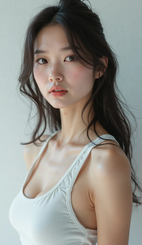 (masutepiece, Best Quality:1.4), Beautiful face, 8K, 15yo student, 85 mm, absurderes, White theme, (Upper body, ballerina:1.2), close up of face, violaceaess, gardeniass, slender, Delicate girl, Solo, Looking at Viewer, Ruffled clothing, (Smile:0.6), Cinch West, thin waist, Teen, Bun hair, Film grain, chromatic abberation, Sharp Focus, face lights, Professional Lighting, Sophisticated, (Smile:0.4), in room, (White wall, Simple background, Bokeh background:1.2), Detail Face