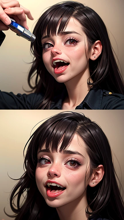 Tamsin Egerton,(photo Realistic:1.4), (hyper Realistic:1.4), (Realistic:1.3),Very detailed,Eyelashes High resolution eye depiction, Focus your eyes, Nose and mouth,((Face Focus)), Woman with open mouth and closed eyes, Completely naked、Age 35,Black-haired、Symmetrical face,Realistic nostrils、Angle from below、Elongated C-shaped nostrils,,,White Background、((Sweaty skin))、Lighting that accentuates sweaty skin、((Nose hook))Sweaty, Shiny skin、((Glowing Skin))、((Wet and shiny tongue))、Attractive body,Beautiful breasts,((Life,floor))Beautiful breasts,((Dance-in ,Sexy Dress))Dark Gray Background,((crazy, tongue, saliva, tongue out, Drooling, Ahegao, saliva trail, long tongue, Verbal invitation))(( Are crying, tears, Are crying with eyes open, streaming tears, happy tears))((snot,snot,snot,Snot erupts,))arcade,In front of the crane game