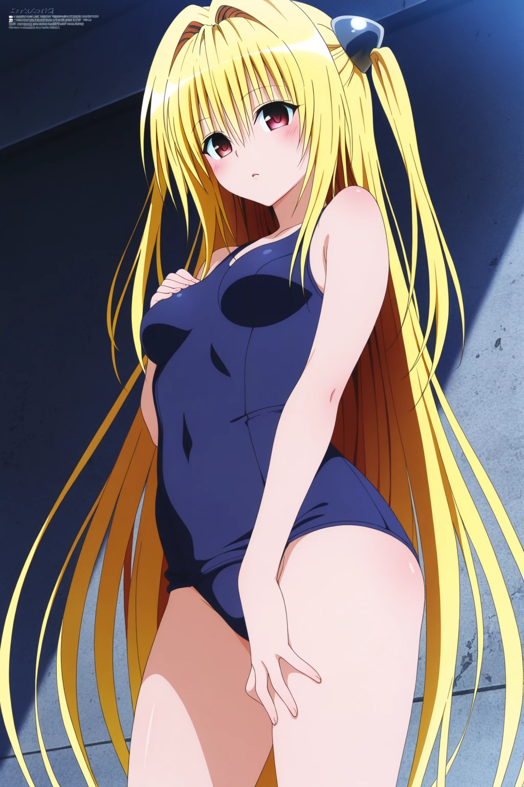 (masterpiece), best quality, expressive eyes, perfect face, 1girl, solo, blonde hair, very long hair, twintails, red ribbon, blue eyes, shy, akizuki airi, blonde_hair, blue eyes, twintails, long_hair, hair_ornament, hair_scrunchie, medium_breasts,akizuki airi, blonde_hair, blue eyes, twintails, long_hair, hair_ornament, hair_scrunchie, large_breasts, wearing bikini, socks, black socks, thigh high socks, lying in bed, hands tied, dakimakura, full body, top view,
