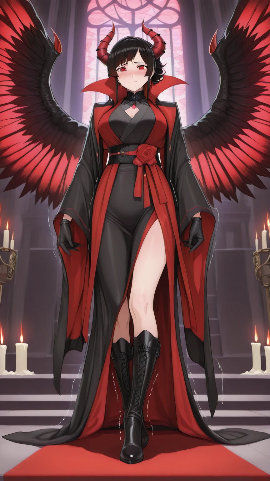 masterpiece, realistic, hyperrealistic, best quality, ultimecia, horns, red dress, plunging neckline, feather trim, black wings, facial marks, claws, full body, smirk, chaotic magic surrounding her