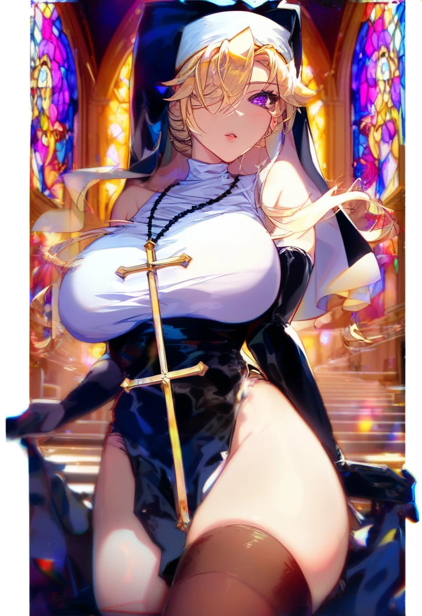 Nsfw, A nun with huge tits is standing alone in a flower garden, showcasing underboob through her dress. The image is a high-resolution, ultra-detailed female photo with the best quality, highlighting the mesmerizing details and realism. The nun's expression is serene yet subtly seductive, with beautiful detailed eyes and lips. She is wearing her traditional nun's habit, which contrasts with the vibrant colors and delicate petals of the flowers surrounding her. The lighting is soft and ethereal, casting a gentle glow on the scene. This masterpiece captures the delicate balance between innocence and sensuality, inviting viewers to appreciate the beauty in unconventional settings.