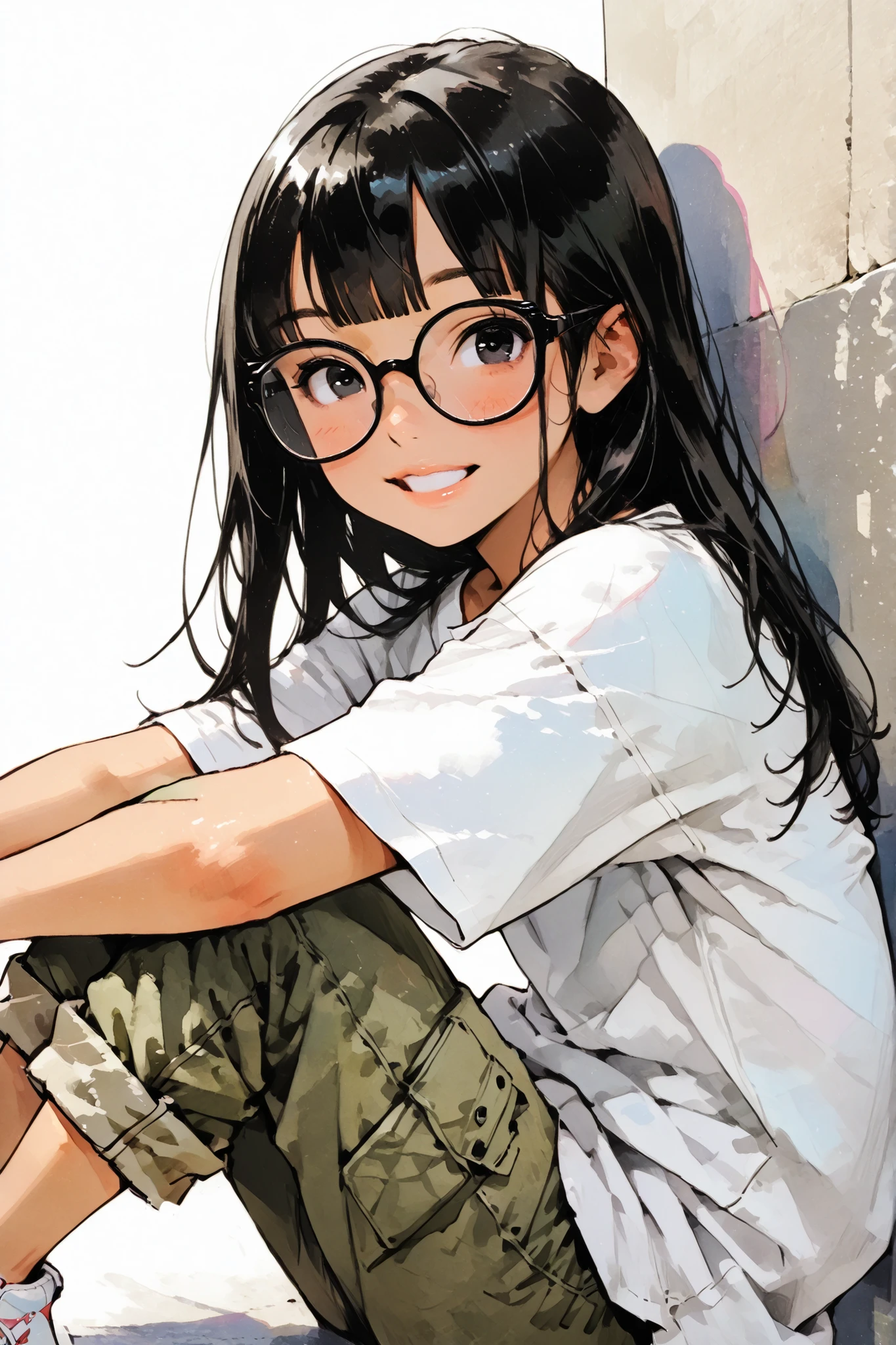 1girl,Super Detailed,absolute resolution,(dynamic angles),(tanned skin:0.3),(portrait),((pinup)),(close-up),from side,
sitting,Leaning on wall,knees up,looking at viewer,
(oversized white long T-shirt),,((untucked T-shirt)),wide pant,cargo pants,(pants rolled up),sneakers,
detailed and beautiful face and eyes,black eyes,eyes reflection,Japanese girl,flat chest,(round nose:0.5),
black hair, long hair,straight hair,[[blunt bangs]],black-framed eyewear,((Thick-rimmed eyewear)),
(blush:0.7),(nose blush:0.7),(grin:0.9),Watercolor anime,

