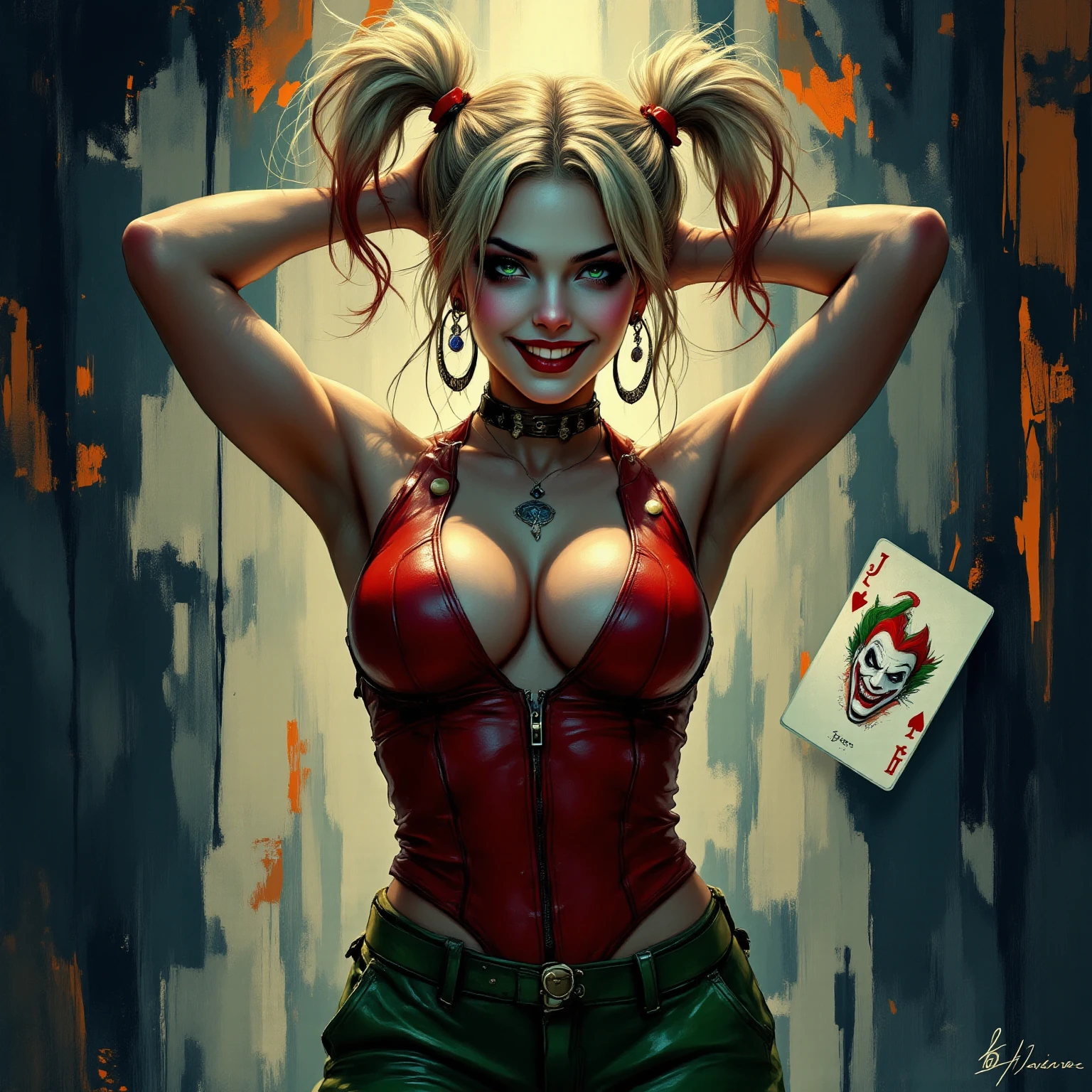 Harley Quinn, Professional Full body photo of Harley Quinn, (facing camera), clown, female clown, of (wearing silk red dress, elegant dress, long dress), fit body, small perky breasts, (pretty hands), perfect face, evil smile, (detailed red eyes), (side face tattoo diamonds), (black hair with red tips, pig tails) (detailed skin, pale skin, supple skin pores, playing cards tattoos), [blood spackled skin], (portrait), (saggy breasts:0.5), natural lighting, (backlighting:0.6), (graffiti background, playing cards background, action shot), shallow depth of field, 8mm film grain, photographed on a Sony Alpha 1, 50mm lens, F2.8, (highly detailed, intricate details, fine), 8k, HDR, deep focus, cinematic film still from Mad Men
