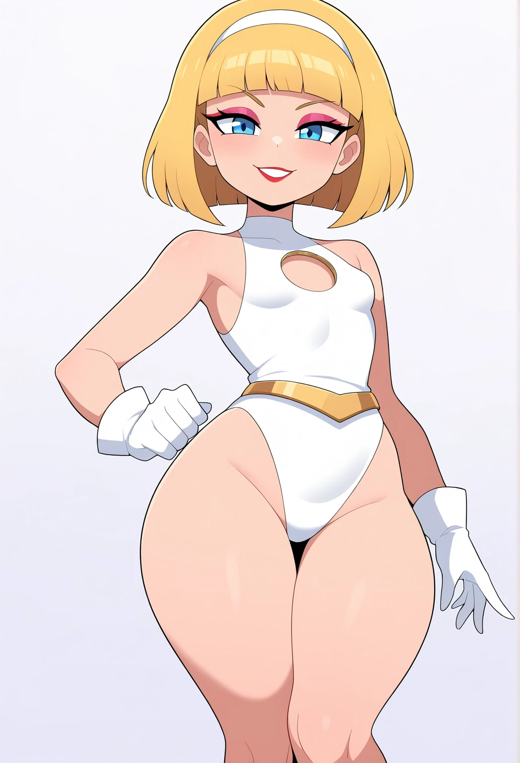 a drawing of a woman in a white swimsuit and white gloves, bunny outfit, poster art, pin up, comic poster style, body poster, prudish sexy pose gesture, girl poster, Emma Frost, retro art, 80s, 90s , erotic art, beautiful legs, thick thighs, natural breasts, classic art