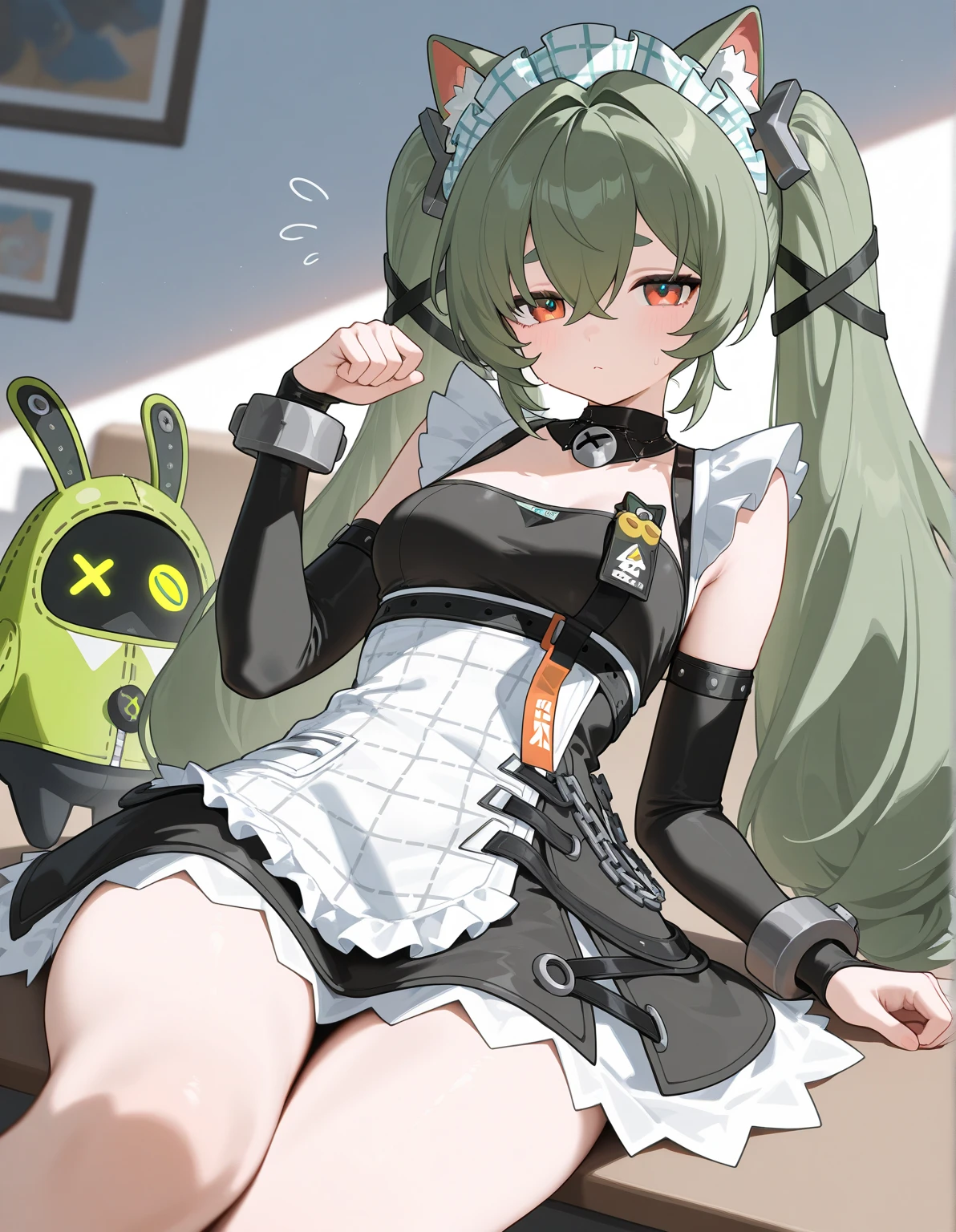 ((1girl)),((alone)),Tooru Hagakure,(masterpiece), (best quality), (ultra detailed), (best illustration), (best shadow), (absurdities), sharp focus, cowboy shot , looking at viewer, big breasts, narrow waist, wide hips, medium thighs, round butt, dynamic posture, green hair, blush, green eyes, messy hair, medium hair, bangs, hair between the eyes, hair, (rabbit ears black s :1.2), black headband, green playboy bunny, black pantyhose, holding the tray, embarrassed, blushing, cleavage, gloves, blue gloves, black heels seductive smile, closed mouth, (sexy pose: 1.2), alone, standing: 1.3, indoor, casino, coin slot machines, poker tables, pool tables, looking forward, ((focus on thighs)), pov ( from below), red blush, perfect anatomy, perfect hands