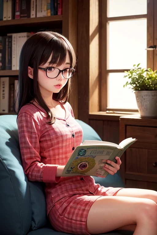1 girl, 20 years old, reclining on a posh sofa, wearing an oversized t-shirt, t-shirt hanging off one shoulder, reading a book, asymmetrical hair, bangs, over-rim eyewear, light smile, cinematic lighting, film grain, wide shot, UHD, textured skin, anatomically correct, 8k
