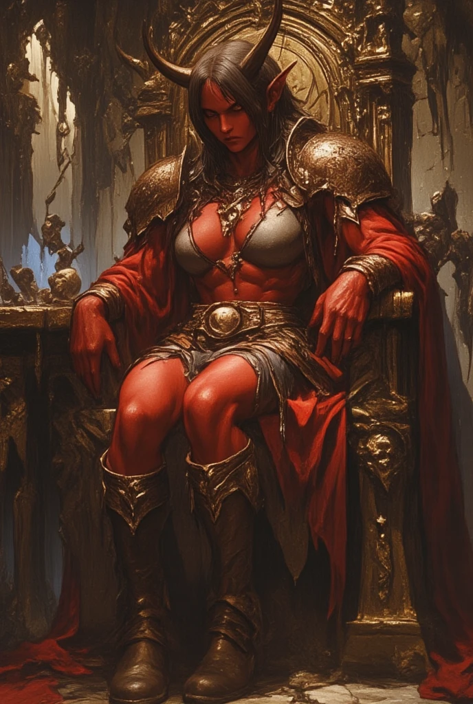 (masterpiece, Best Quality, absurd, 4k, Aesthetic, detailed, Intricate, perfect lighting) cinematic angle, 1solitaria, Sitting on the throne, elbow rest, castle interior, face mask, hood, layer, belt, armor, Cloak, red gloves gauntlets, corona
