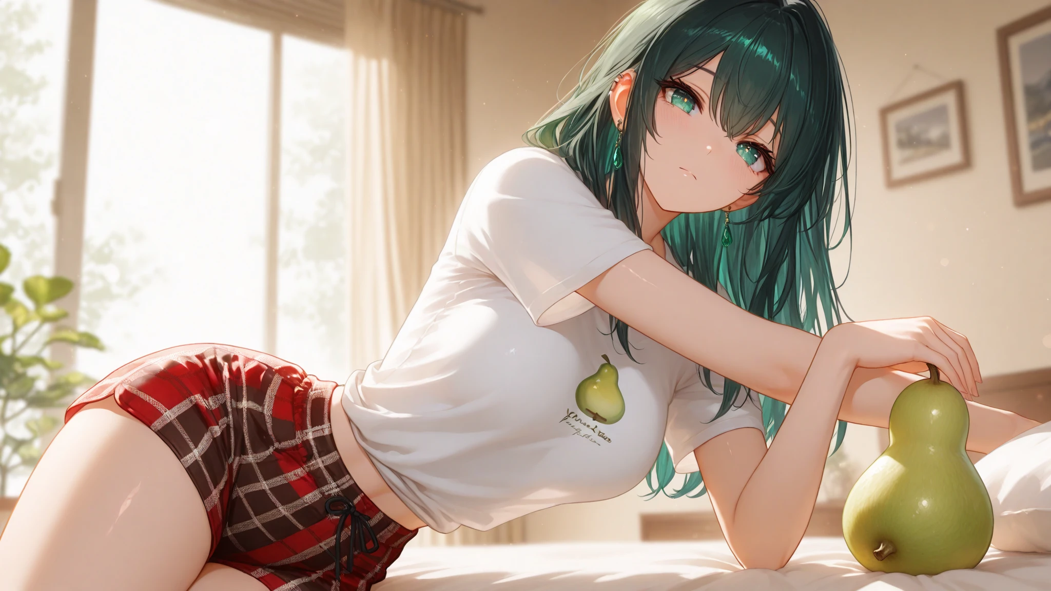 masterpiece, highest quality, Super detailed, 1 girl,  Mion Sonozaki, green hair, green eyes, ponytail, surprise、blush、full body shot:1.3、normal chest、white gym uniform、red bloomers:1.3、(
barefoot)、dark blue socks、big smile、Western-style room
