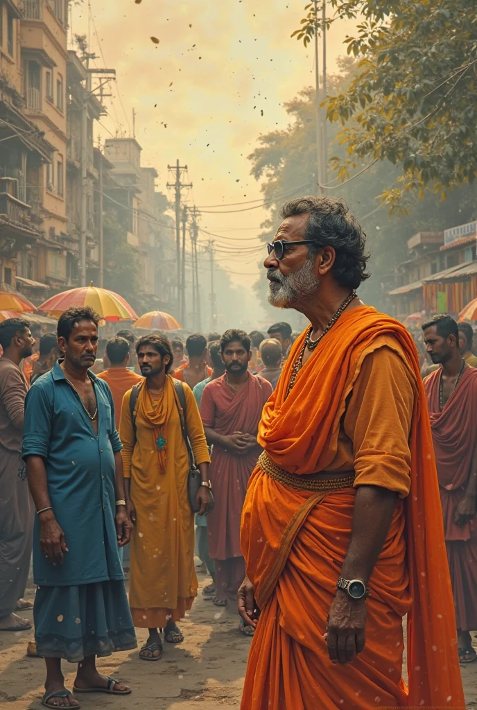 India's old calcutta , a man (farmer type) showing hand up with many more members