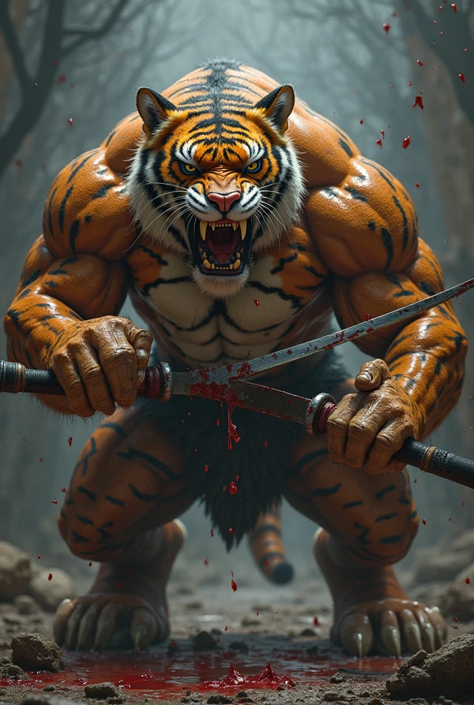 1Big orange royal tigerhuman, scarry, blood big claw, hunger, frozen blackground, stronger, animal, stand on to legs, big, old,snow cloth, lycan, fantasy