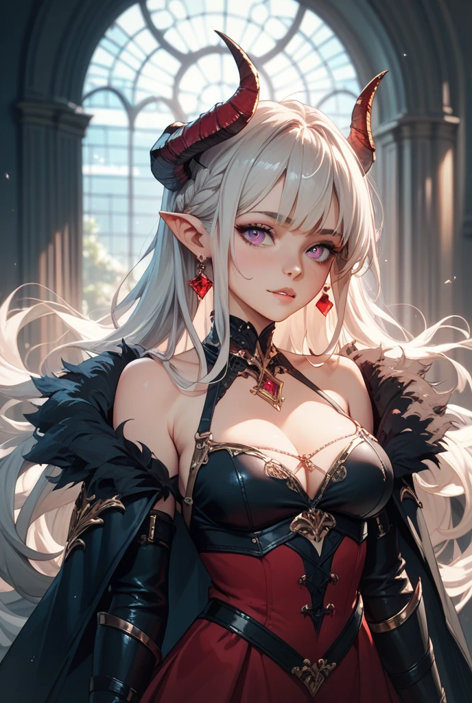 1 girl, Long hair, looking at the viewer, blush, fringe, Red eyes, Love, earrings, horns, pointy ears, masterpiece, anatomically correct, The best quality, necessary,