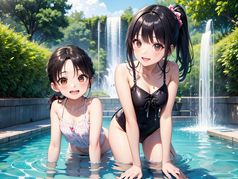 ((Highest quality)), ((masterpiece)), (detailed),Perfect Face,Strong light,With front light,In a hot spring where swimsuits are prohibited, two naked sisters are sitting side by side with their legs spread, showing a close-up of their crotches to the camera.,