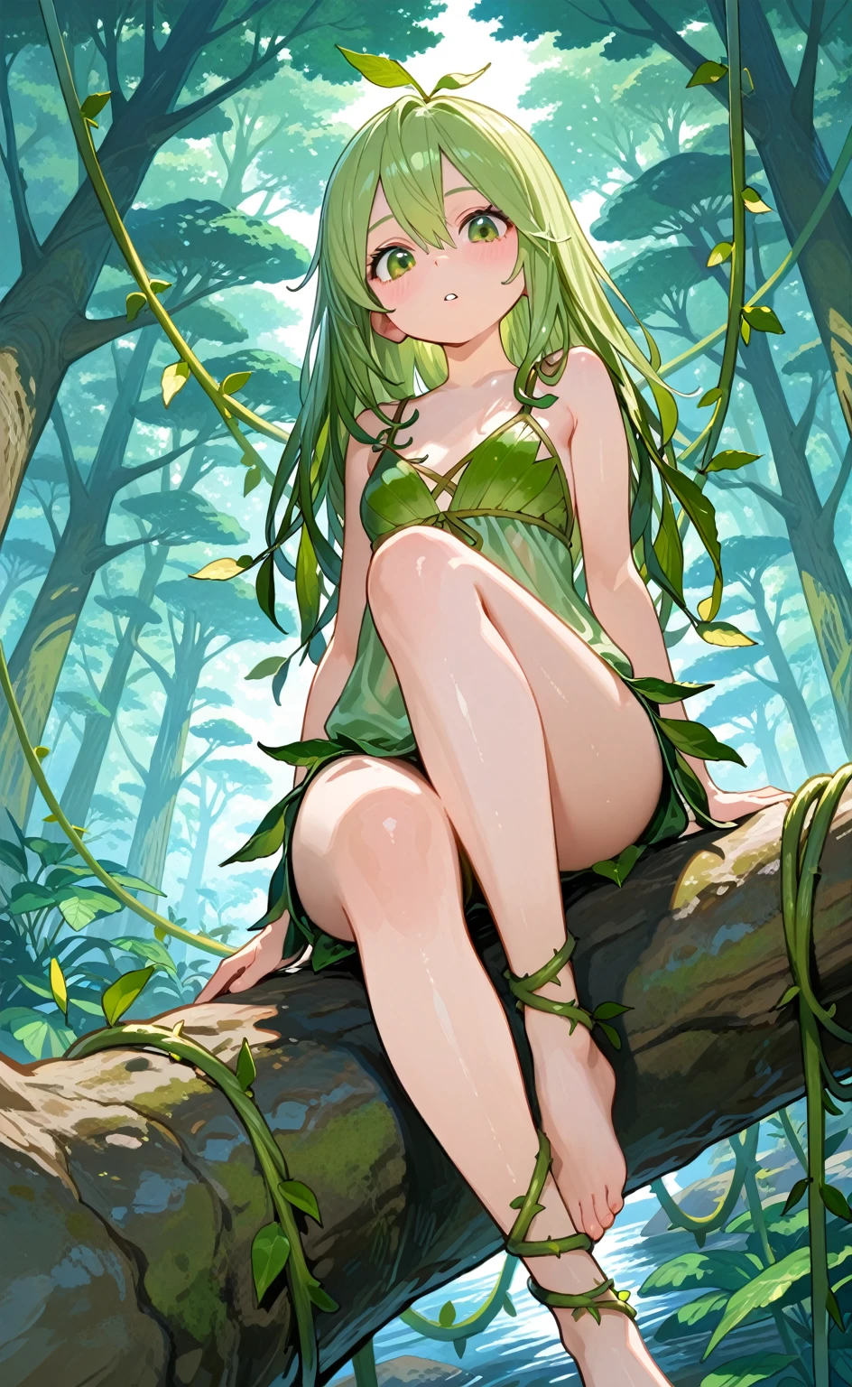 (((close up foot))), A little fairy girl is playing a prank, 、((sit cross-legged on a tree branch))、sexy, (I look up at the girls from the ground.)、(The girls who surrounded me and hugged me)、((seductive evil grin)), (Pixie)、(Butterfly on the back々Feathered)、Very little fairy、((Little fairy))、low length、(thin)、((5 years old girl))、(Transparent fair skin), (((child girl)))、Wavy、(Green Hair)、ponytail、Red scrunchie、((Forehead))、Big eyes、Grey Eyes, (Micro Bikini), ((Angle from below:1.8)), navel、(A transparent cloth is wrapped around the waist.)、(Thighs), crotch、foot, ((At the Forest Springs)), (Angle from the bottom of the girl), (In the woods)、((Sitting on a tree branch))、((Sitting cross-legged))、