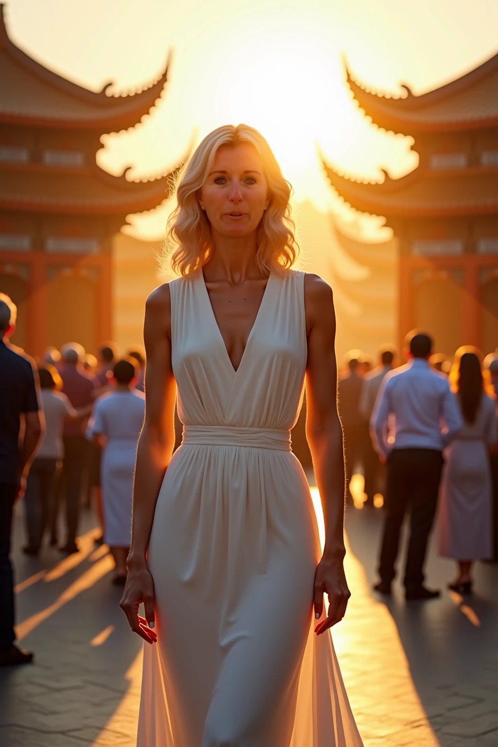 (masterpiece, ultra high resolution:1.3), mature blonde woman, 35 years old, shoulder-length hair, elegant white midi dress, (direct front view facing viewer:1.4), Chinese temple setting, (sun positioned directly behind subject:1.5), (dramatic backlighting through dress:1.4), (fabric becoming semi-transparent in sunlight:1.3), (rim light outlining her figure:1.2), vibrant temple atmosphere with crowds, traditional architecture details, golden hour lighting, (high contrast backlighting:1.3), professional portrait style, hyperrealistic detail
