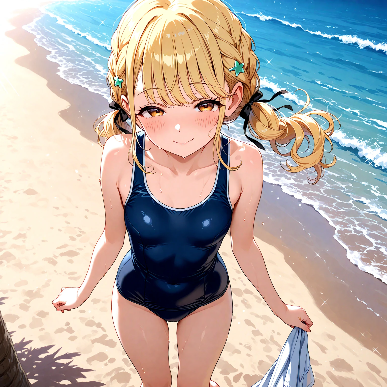 (((Petite girl with blonde twin tails))),( ruffle swimsuit),1girl in,(masutepiece), (Best Quality), (Best Detail), (Distant perspective), ((())), Very detailed face, , shading ,(((in the　sea))),(())),((())),