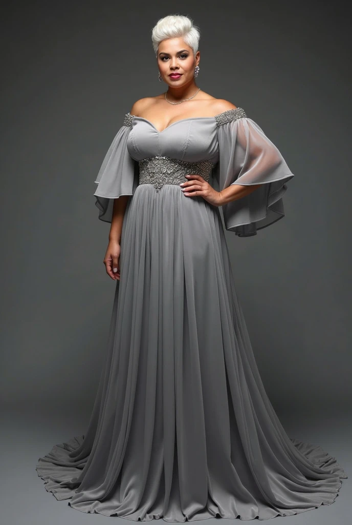 Plus size women's long party dress, In the black color, with long tulle sleeves and a full skirt