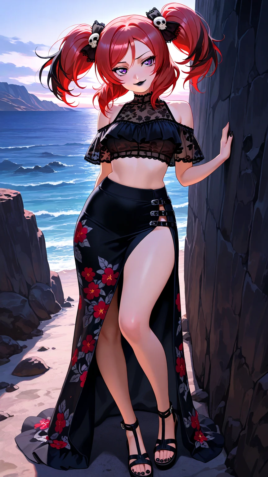"((((realism))), ((((foto_atual))))) high-quality, intense and bustling red hair, model posing sideways in a flowing dress on rocks on a beach, looking directly into the camera."