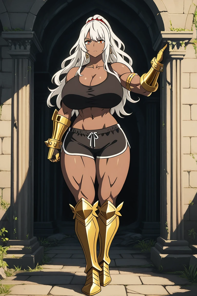 full body, whole body. loincloth standing, lefthand on hips and righthand behind head full body, 1solo (girl) slave fighter, metal sandals, choker, big belt, view from below, barefoot together, bracers, tiara, leather collar choker neck bell, cleavage, shackles wristbands, long messy white silver platinum hair