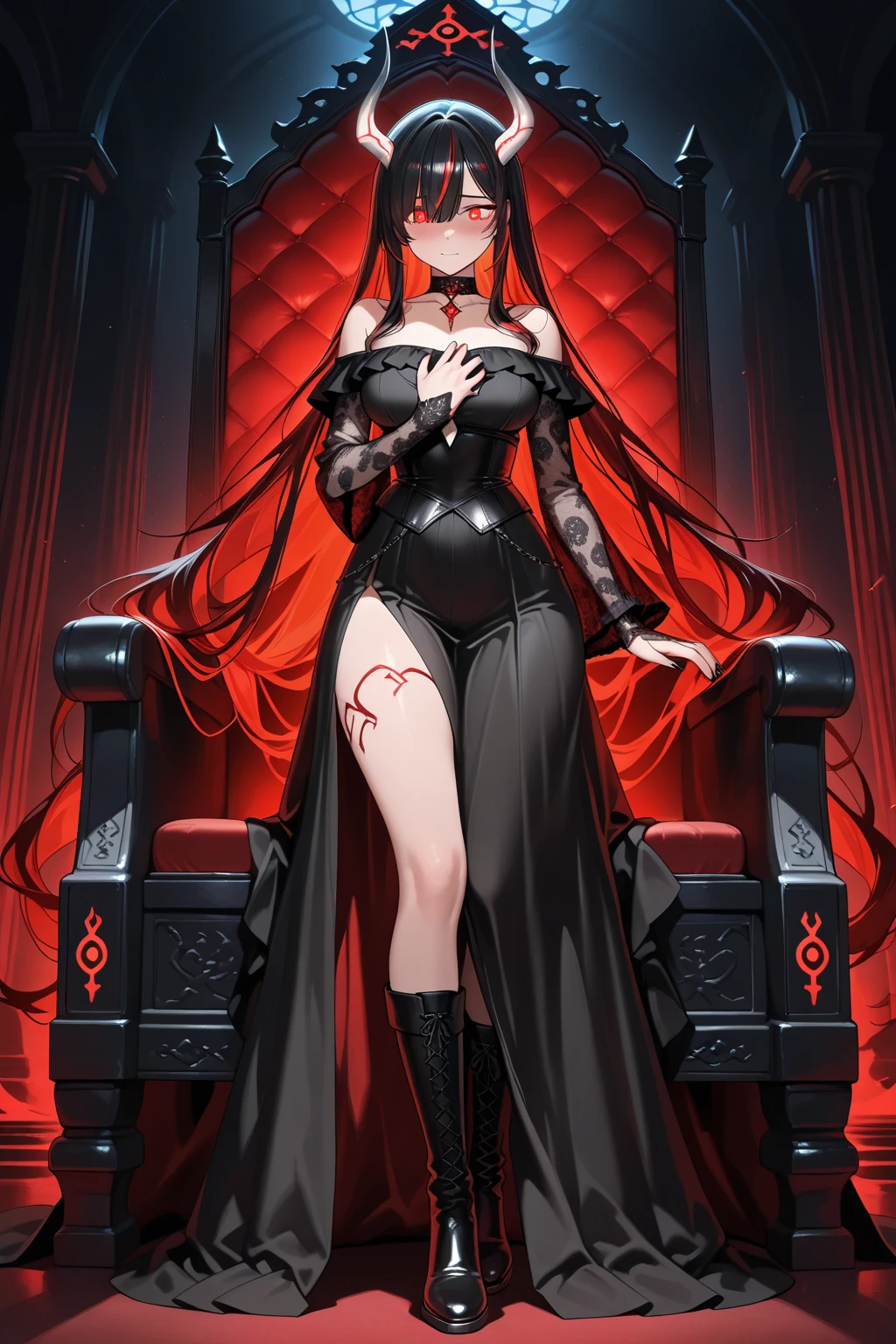 (Dark lighting, sharp shadows, photorealistic, high detail, hyperrealistic, sharp focus). Archdemon woman with detailed eyes, evil eyes and demonic horns. She is sitting in front of a pile of skulls in the eerie atmosphere of the blood-stained comcombs. She is wearing a classy outfit that accentuates her demonic features.