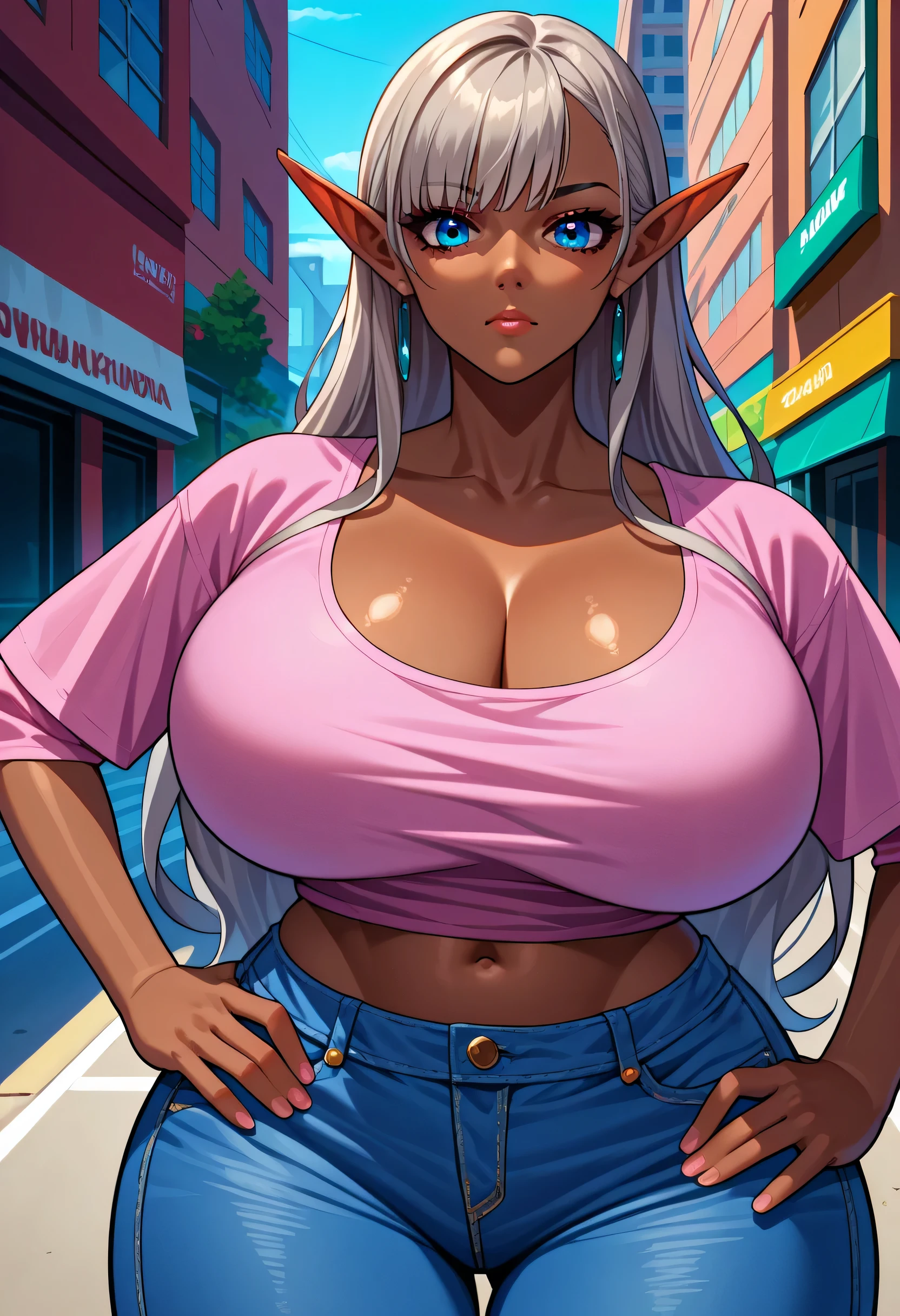 score_9, score_8_up, score_7_up, score_6_up, Source_anime, 1girl, solo, Eleanor, Dark Skinned Woman, gray hair, Very long hair, blunt bang, pointed ears, Blue Eyes, earrings, huge breasts, pink t-shirt, Jeans, midriff, curved, stares at you, place hands on hips, City