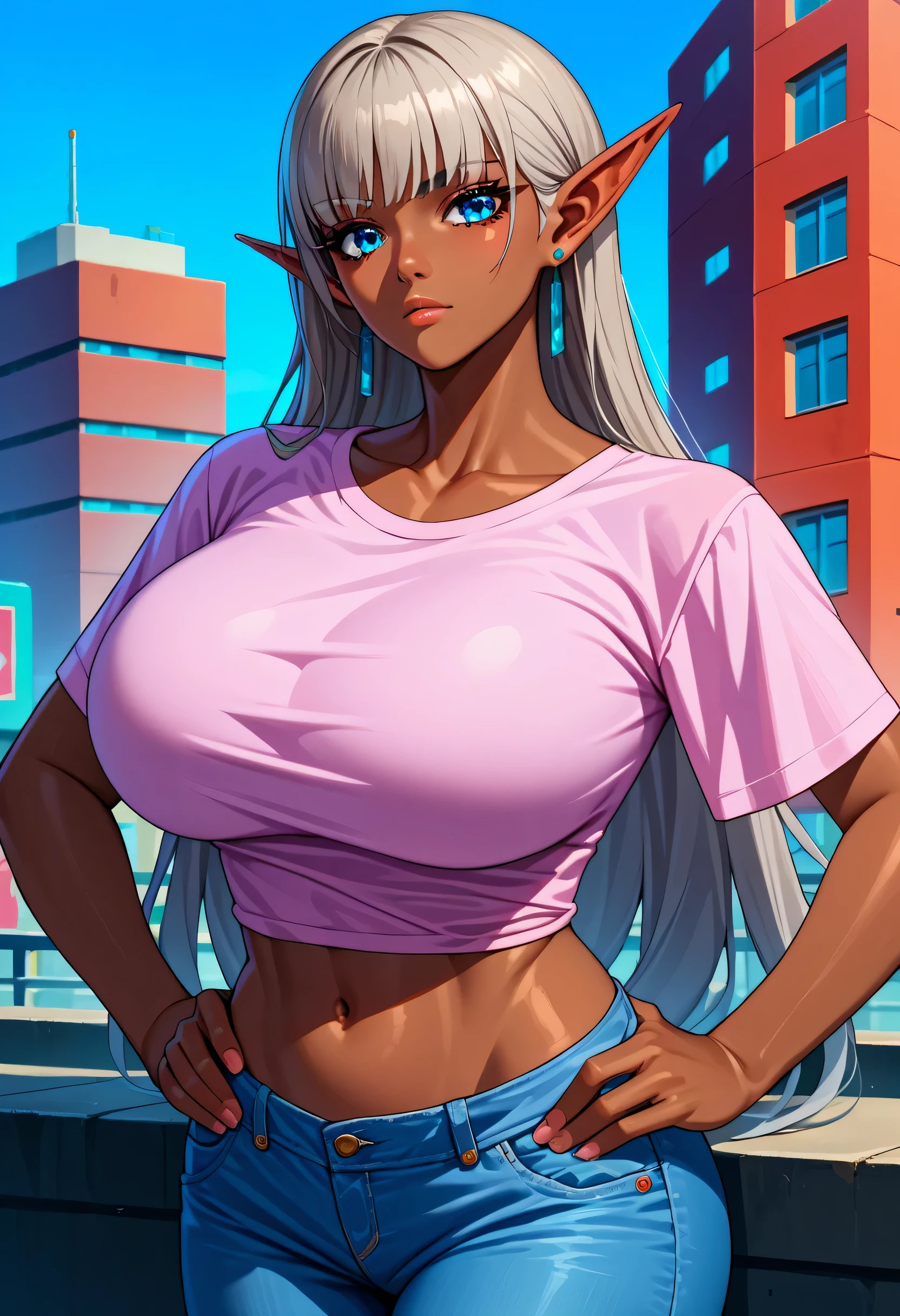score_9, score_8_up, score_7_up, score_6_up, Source_anime, 1girl, solo, Eleanor, Dark Skinned Woman, gray hair, Very long hair, blunt bang, pointed ears, Blue Eyes, earrings, huge breasts, pink t-shirt, Jeans, midriff, curved, stares at you, place hands on hips, City