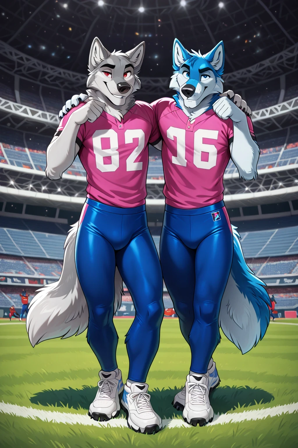 american football stadium background, red eyes, Reflections, full body, Anthropomorphic, Adult Wolf, without humans, swimsuit by ango76 , Masterpiece, better quality,very aesthetic, newest, anthropoid, mammal, a child, Clothes, Alone, wolf Macho , Blue eyes , Male Wolf, male furry white wolf , claws, animal ears, high resolution, pink american football jersey, Blue spandex tights, white sneakers, wolf tail, Front View of the Spectator , On two legs, bodybuilder pose , seductive expression , Male, male wolf, males
