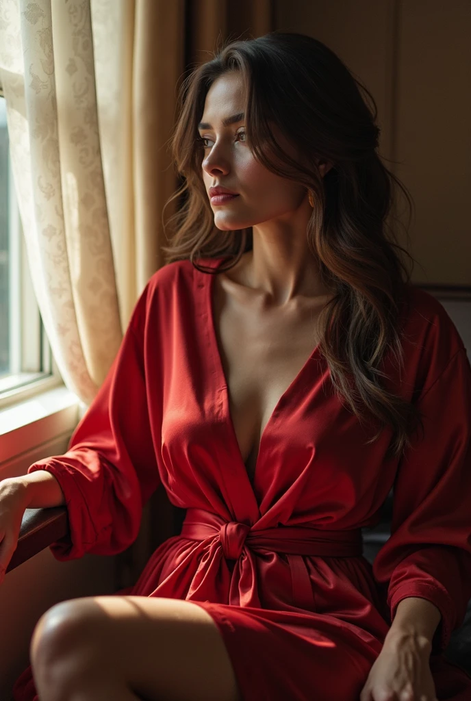 Illuminated brunette , Robe rouge , chalet montage , Ambiance chaude , sulfureuse , @Jack