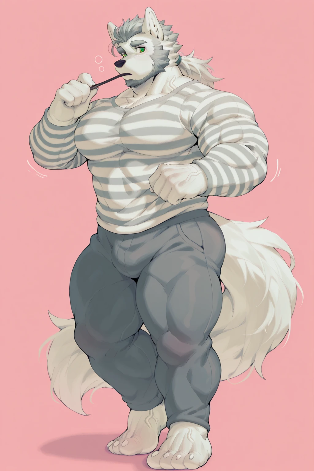 A furry male (white cat), (Wearing a pink long-sleeve sweater:1.0) (anthro, male cute, barazoku, anime, by lindong, by littleblackalas, (kemono, bara), anime, shadows, smooth skin, masterpiece, best quality, by (by Pino Daeni, (by ruaidri), yupa, kiyosan), (starbuck), by (darkgem), (chunie), (null ghost), (baiyushou) (narse), (safe for work) (Stretching with arm up:1.0) (white background) (closed eyes)