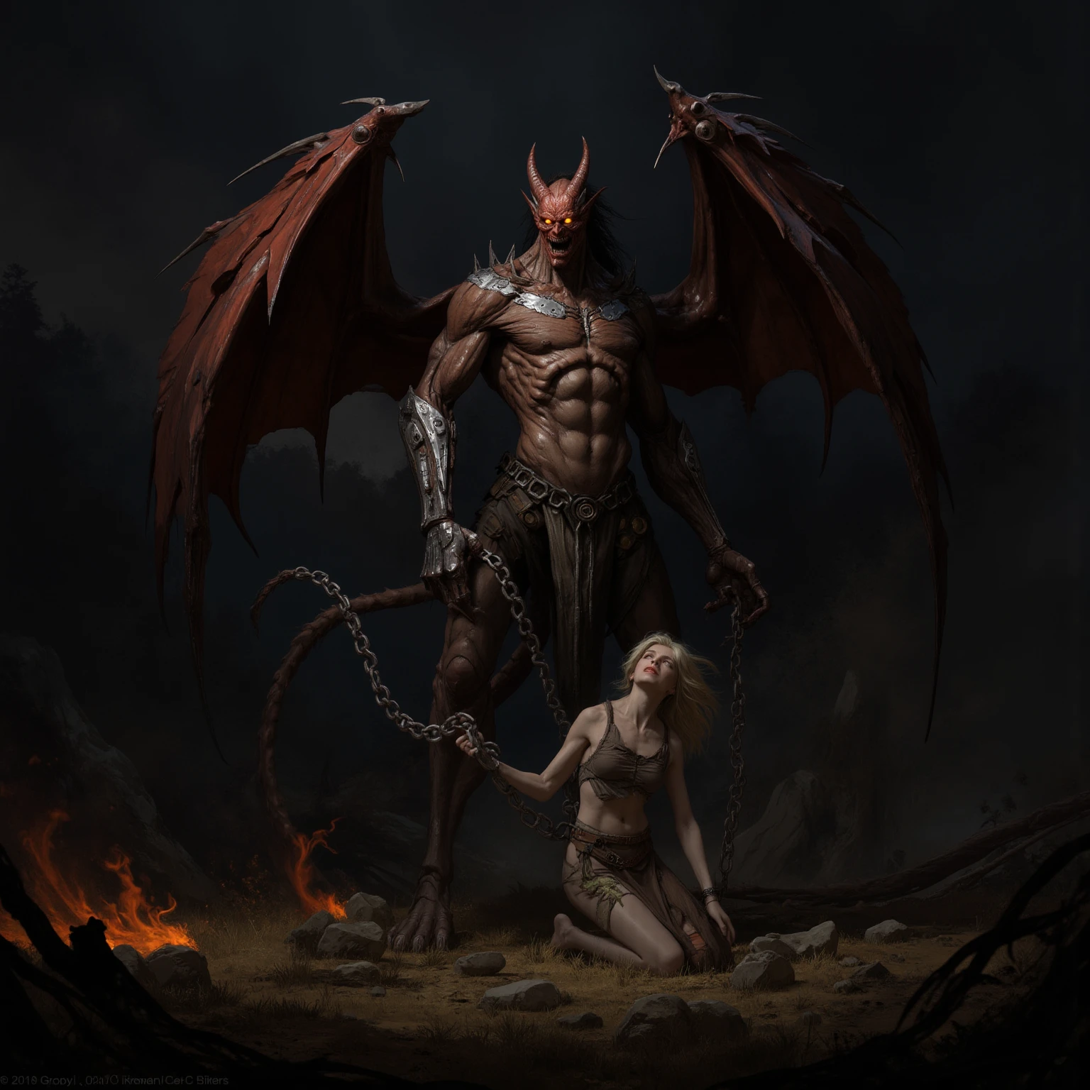 ((best quality)), ((masterpiece)), (detailed), monstrous, Beautiful, Best quality, perfect lighting, NSFW, monster smile with crooked fangs, Very skinny, disproportionately long arms, head of a vulture, scruffy dirty feathers, diseased, worms, A sinister aura, something, chained, deity, cultist clothing, cosmic horror, full body