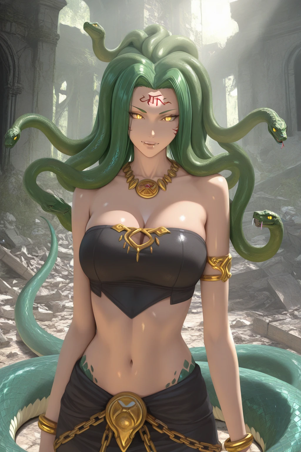 <lora:FEATURE_snakeHair_snakeHairV6:0.8>, medusa, snake hair, 64K, f1.2, 800mm, UHD, dynamic lighting, 1girl, yellow eyes, front ponytail, pale skin, Jade Green hair, full body