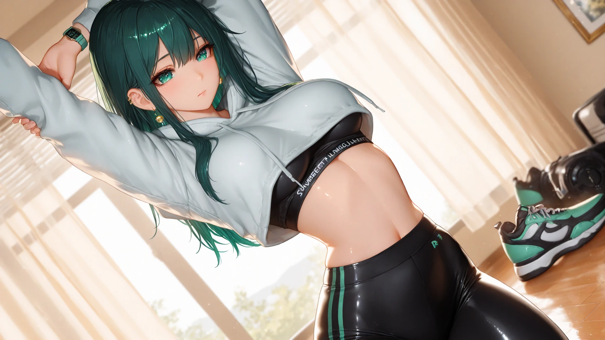 score_9, score_8_up, score_7_up, score_6_up, score_5_up, 1girl, solo, green hair, straight hair, long hair, red eyes, glowing eyes, sultry eyes, juicy lips, plump lips, glossy lips, soft blush, dolly face, eyelashes, eyeliner, large breasts, pale skin, black tights, black bralette, sweat, realistic background, gym backgroind, cinematic lightning, very detailed clothes, very detailed face, very detailed eyes, very detailed hair, ultra, best quality, masterpiece, looking at viewer, in love with the viewer.