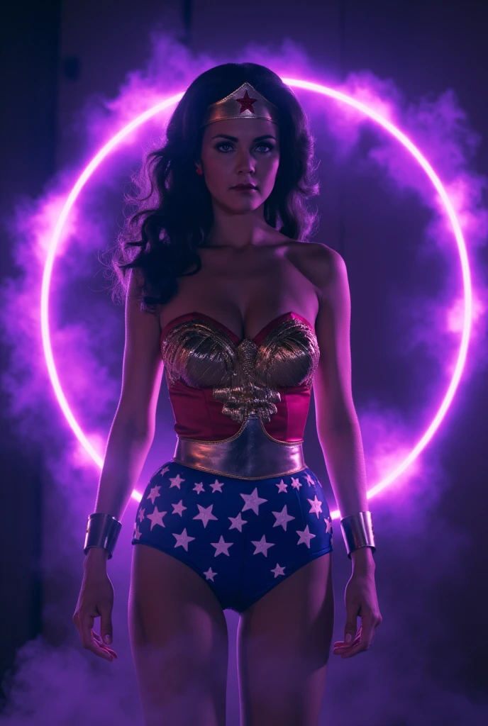 Screengrab of 1950's Super Panavision 70 movie. Retro in color. Wonder Women Wearing a sexiest transparent pink dress. And background dark shadows city.