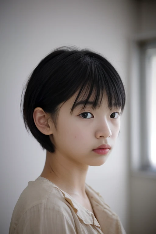 13 year old anime girl, with short messy black hair, tired black eyes, Pale skin, with a small mole under his left eye. Dress in a loose gray t-shirt. LOOKING AT THE SPECTATOR.