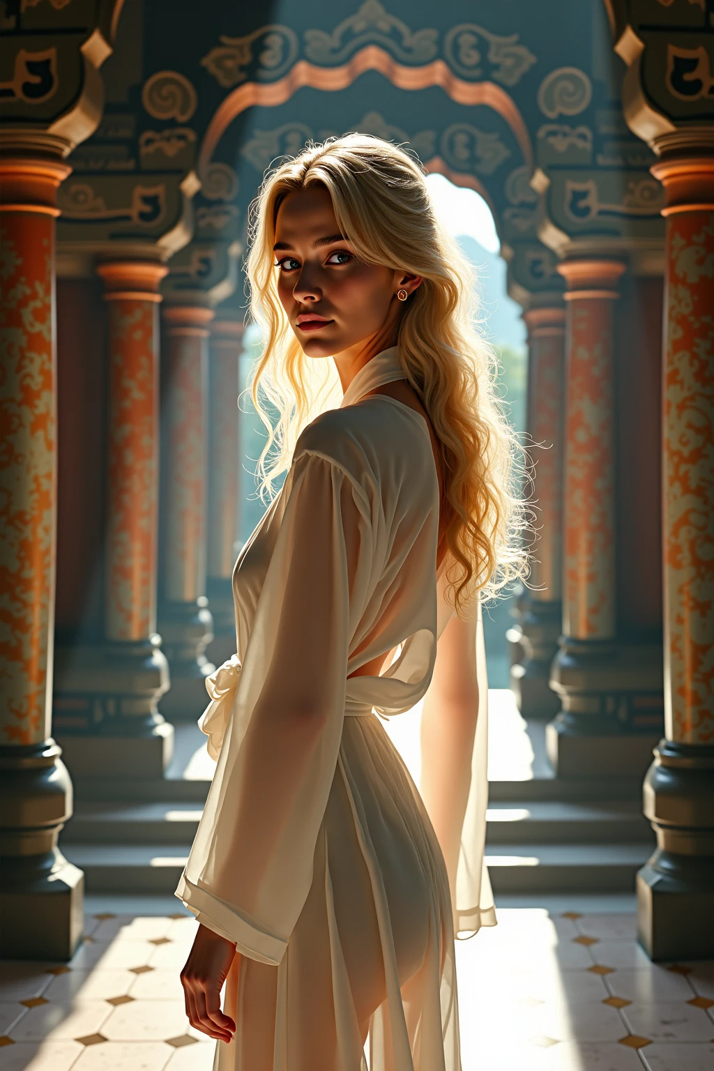 Exotic location portrait: Blonde beauty in translucent white robe against an Asian temple backdrop, the penetrating sunlight subtly reveals her feminine silhouette through the lightweight fabric