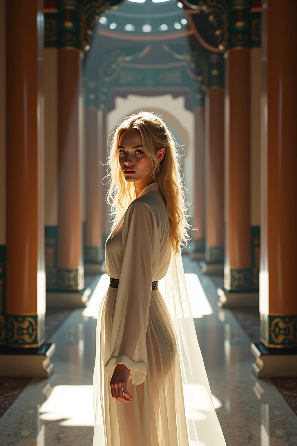 Exotic location portrait: Blonde beauty in translucent white robe against an Asian temple backdrop, the penetrating sunlight subtly reveals her feminine silhouette through the lightweight fabric