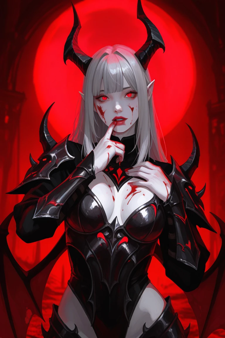 Demon with angry face, skulls and blood