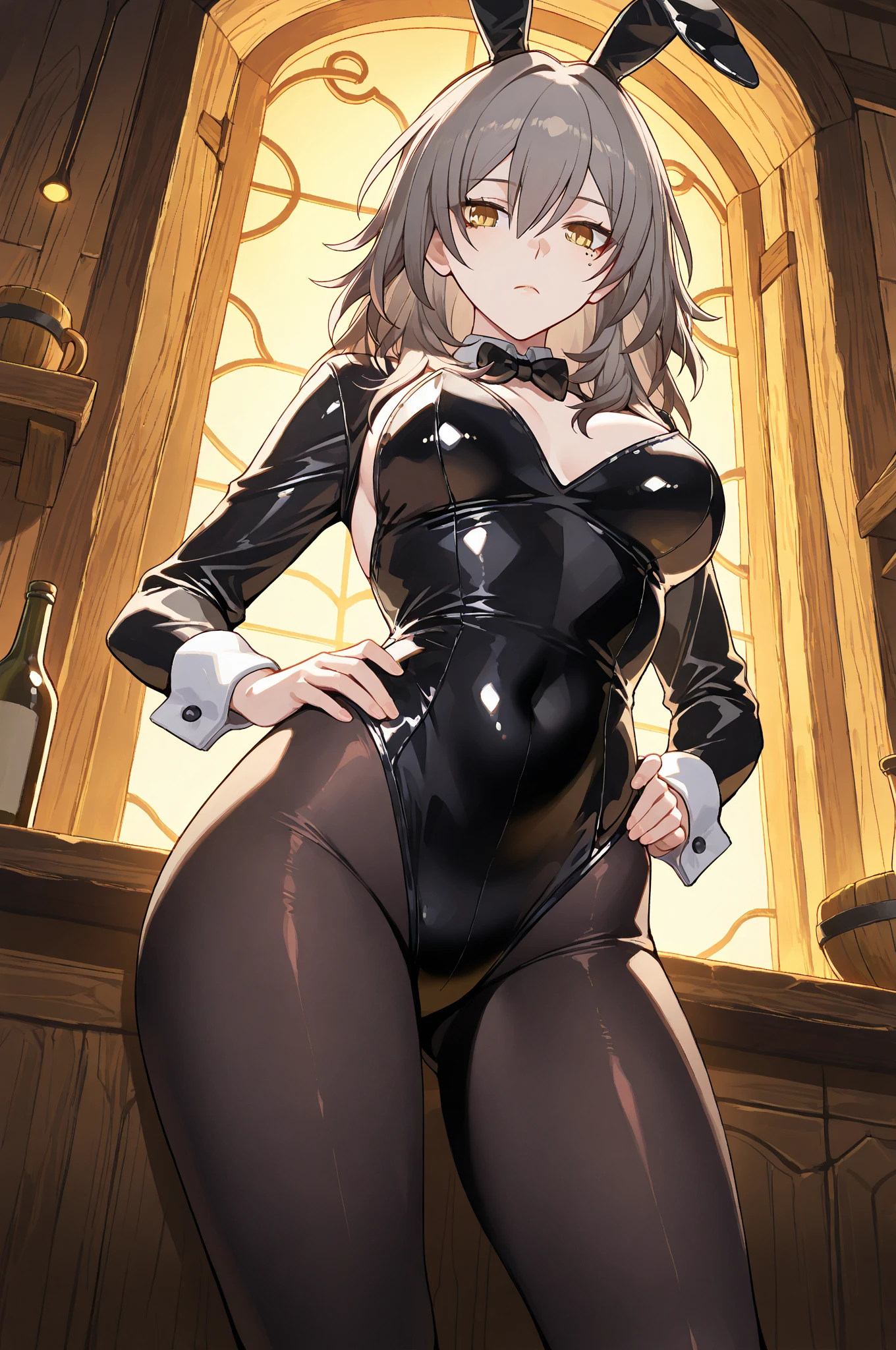 quality\(8k,Extremely detailed CG unit wallpaper, masterpiece,high resolution,top-quality,top-quality real texture skin,Surrealism,提high resolution,RAW photos,Best quality,Very detailed,,light,Ray Tracing,Golden Ratio\),Bunny Girl,Bunny Girl,cute,Dark hair,Brown hair,hairy,hairy,hairy,Interior background,Bar Background,Charm,cute,charming,Fishnet stockings,breast,Big breast,short hair,cute,Charm touches her breast,Big breast,Big breasts,Squat down and open your legs,Show the front