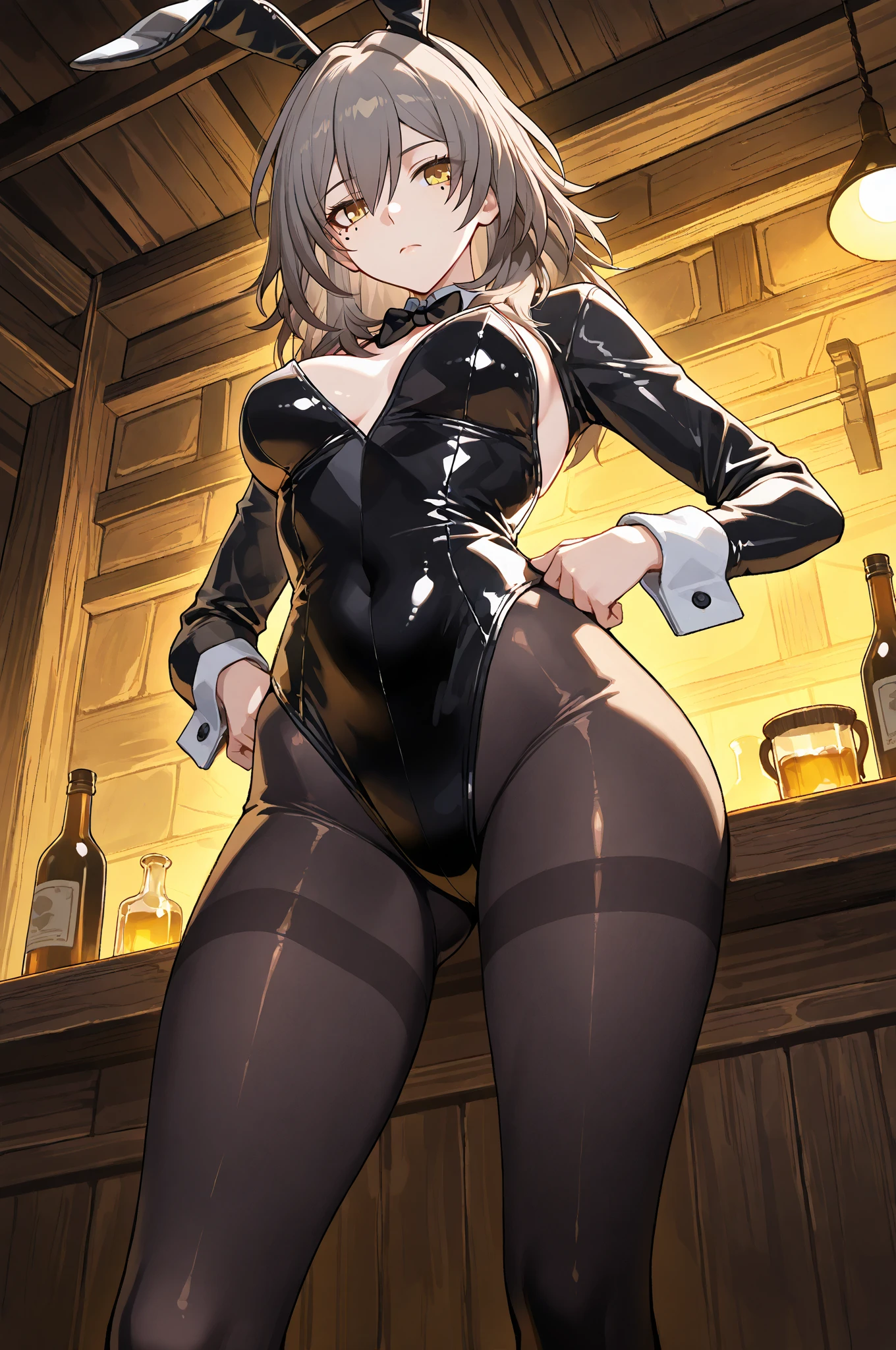 (top-quality、in 8K、32K、masterpiece、nfsw、highly detailed、Impresionismo、Photorealsitic:1.2)、Full body, (a bar counter、shop front:1.4)、cara simetrica y hermosa, deep-shadow, beauitful face、blurry backround、20-year-old beauty、shinny skin, Beautiful wavy golden hair、 poneyTail、Blue eyes, Beauitful face、blurry backround、 Bunny Girl、High-cut leotards、Muy delgado leotardo se ve el cuerpo atraves de el, a bow tie、White cuffs、Thighs wrapped in fishnet stockinglack rabbit ears、Have a tray of liquor、sit on the table、Shy smile、Curve, uncensored, nsfw, very hot